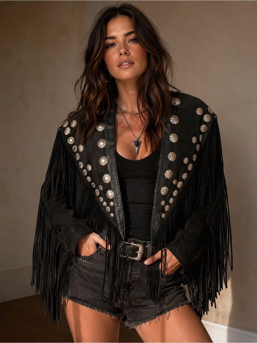 Black Fringe Studded Leather Shoulder Shawl